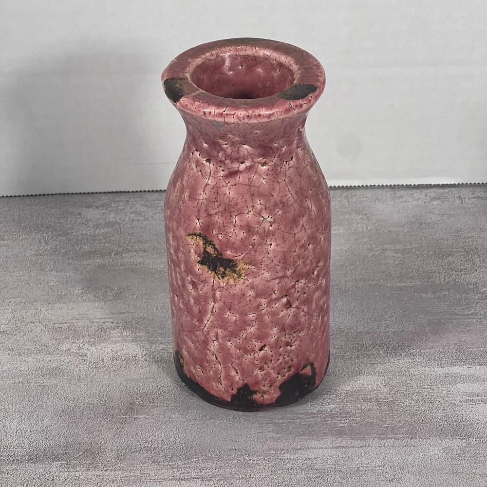 Vintage Handmade Textured Crackle Stoneware Pottery Vase Rustic Rose Pink Mauve